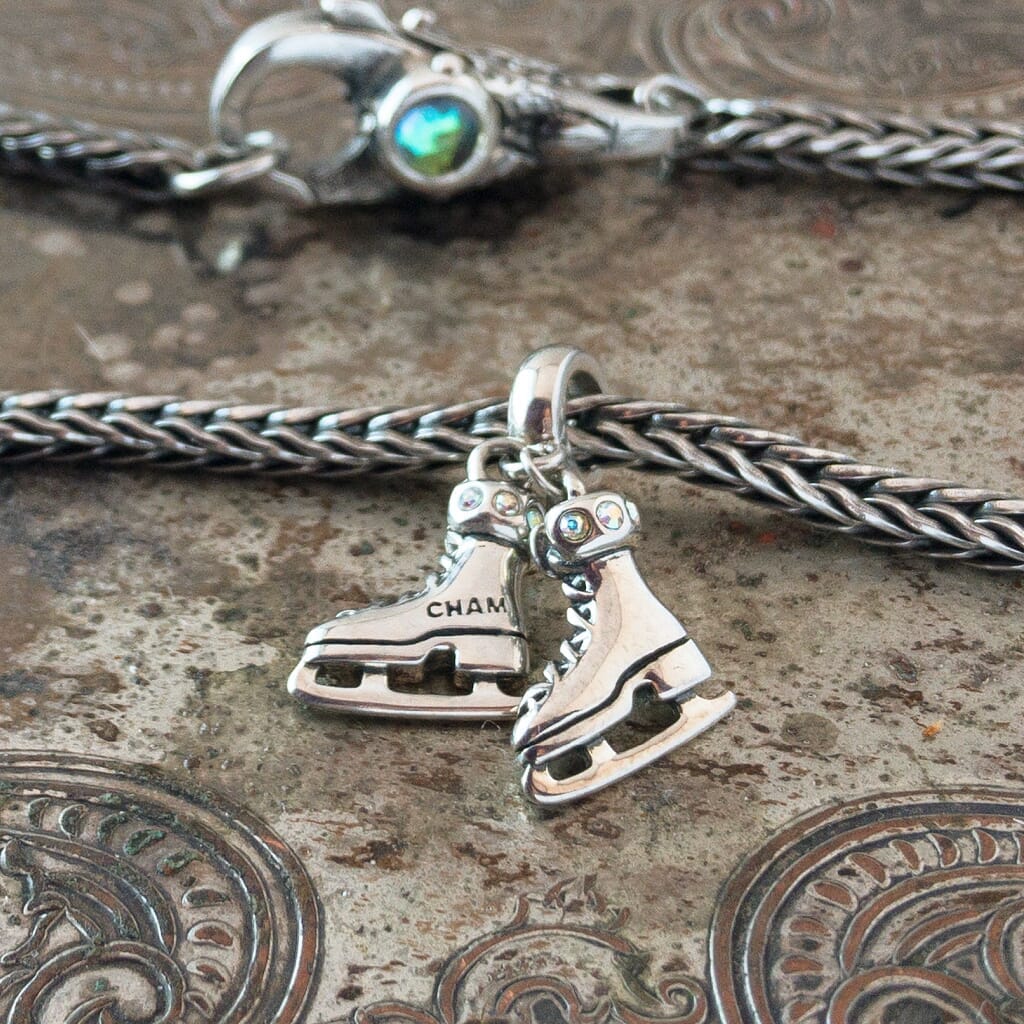 Chamilia sterling silver ice skates charm, with Swarovski crystals, shown on a Trollbeads sterling silver bracelet.