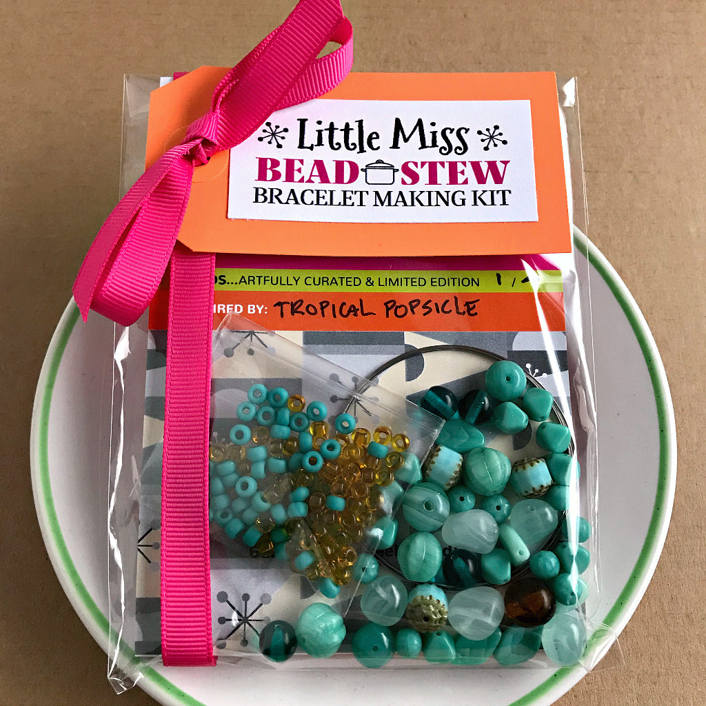 These BEAD STEW kids bracelet making kits are perfect for "Little Miss" jewelry makers. The bead and color combinations in our children's bracelet making kits are so unique and ultra-special, there is no wrong or right way to add the beads to the “memory” bracelet wire. It's fun and easy. No experience is necessary!