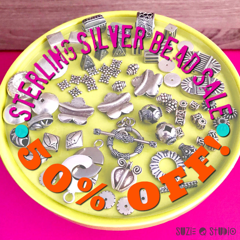 ​Suzie Q Studio's 50% OFF Sterling Silver sale is being extended until the closure of our "physical store" on Sunday, July 28ty at 5pm. That means ​Suzie's unique and fabulous Sterling Silver jewelry-making beads, components and findings​ ​are 50% off!