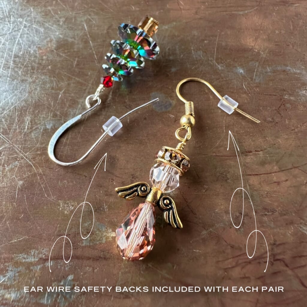 Sparkly Swarovski crystal Christmas tree earrings at Suzie Q Studio, variegated green in colour, with a red tree topper bead and silver plate ear wires.