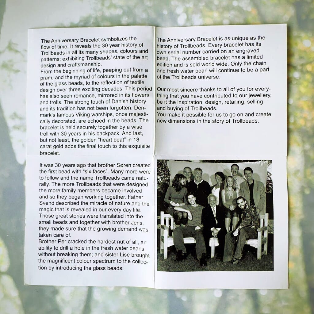 Trollbeads 30th Anniversary Bracelet brochure, with info about the bracelet, and the story of the Danish family of artisans who created Trollbeads in 1976.
