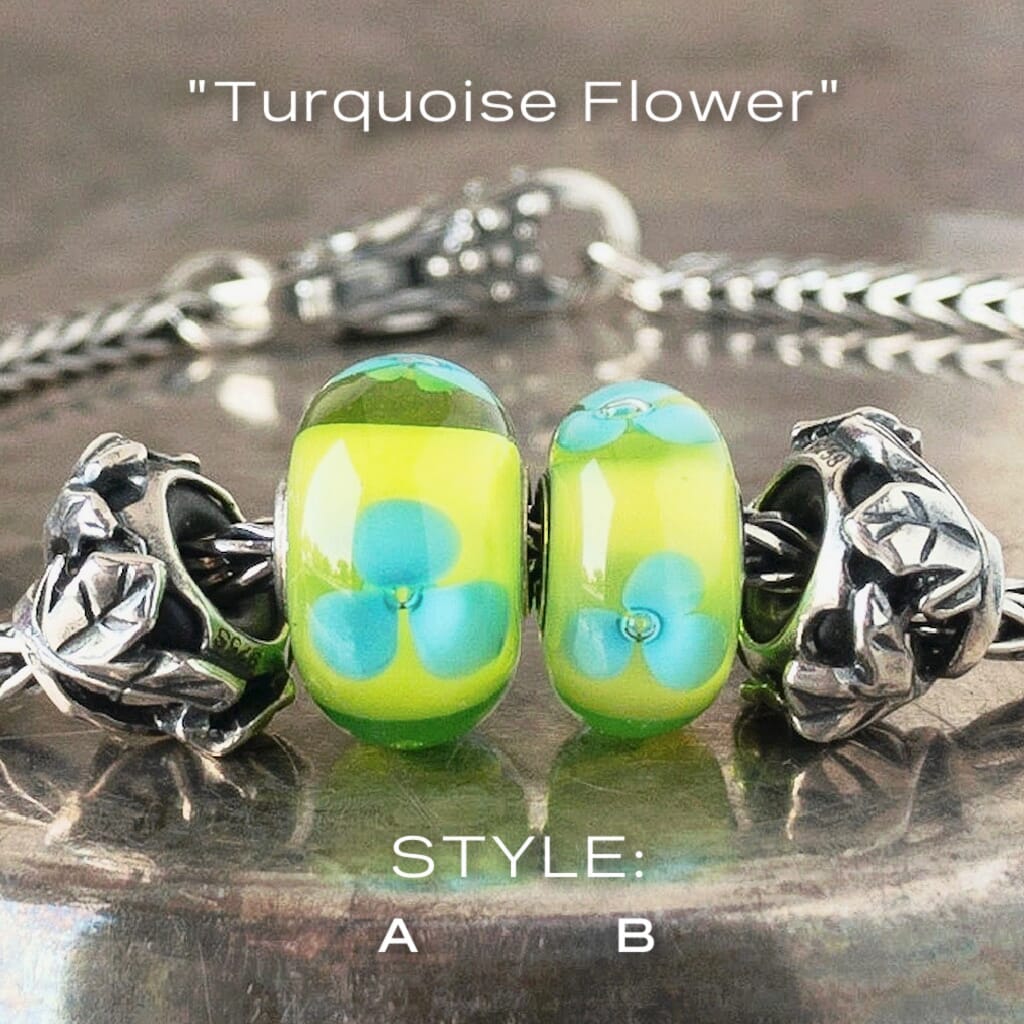 3 versions of glass  Trollbeads TURQUOISE FLOWER on chartreuse base, on Trollbeads silver bracelet.