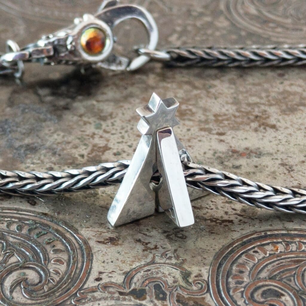 Trollbeads sterling silver CHRISTMAS TREE bead, which is made of two interlocking pieces, on a Trollbeads silver bracelet.