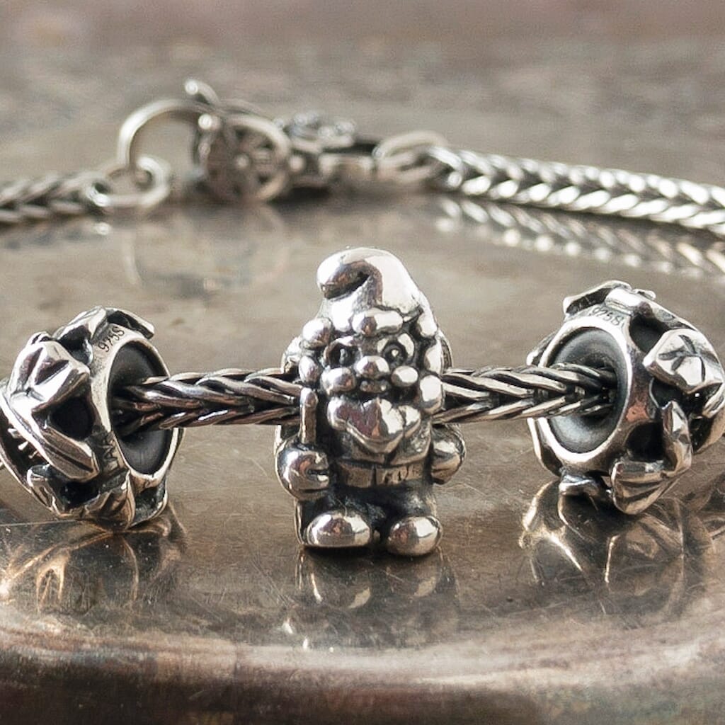 Trollbeads sterling silver GARDEN GNOME bead, shown on a sterling silver Trollbeads bracelet.