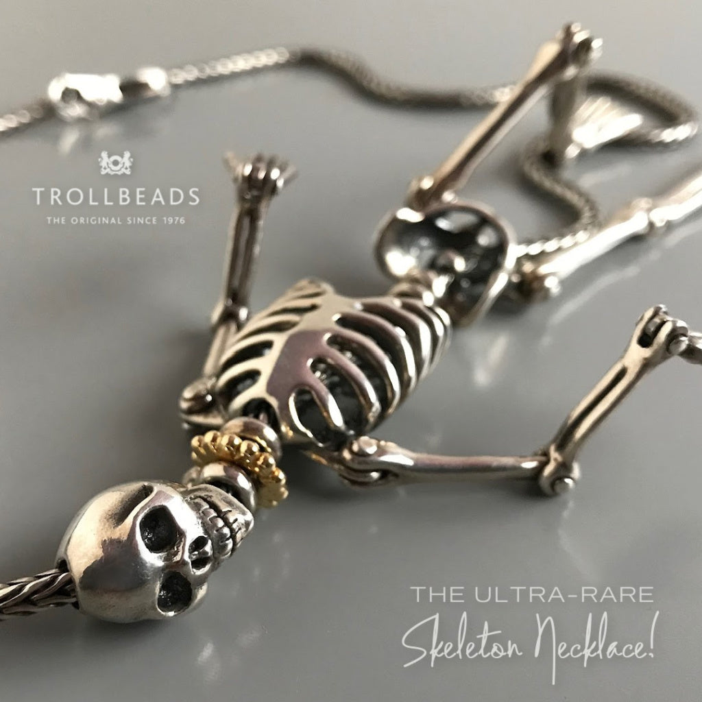 Suzie Q Studio has stashed away special glass, sterling silver, limited edition and ultra-rare Trollbeads pieces and is now making them available. Now available at Suzie Q Studio, one ultra-rare Trollbeads Skeleton Necklace – new stock, never worn.