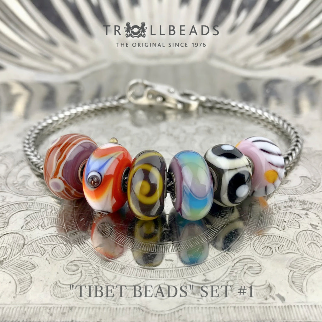 Now available at Suzie Q Studio, the ultra-rare Trollbeads Tibet Beads. This shows all the  beads in Suzie Q Studio's Tibet Beads Set 1.