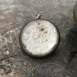 One-of-a-kind MY MOTHERS BUTTONS jewelry is handcrafted using the finest antique treasures. Glass-domed Horse Bridle Rosettes were a decoration for horse bridles. On this pendant you'll see a flamingo, with a turtle, bird and fish, all hanging out amongst the bullrushes and lily pads.
