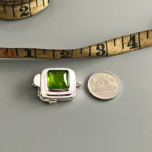 This Suzie Q Studio custom box clasp was handcrafted with a juicy, rich, lime-green vintage glass cabochon and set in a substantial amount (more than average) of sterling silver for a statement-making piece of jewelry. 