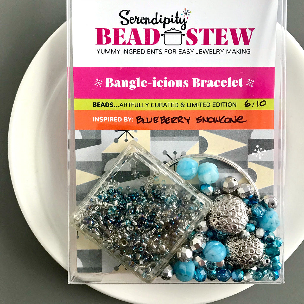 Suzie Q Studio's Serendipity BEAD STEW DIY EASY BRACELET MAKING KITS are limited edition collections of artfully curated premium quality beads and components for you to make a one-of-a-kind bracelet(s). No experience needed! Seeing the color combo in the Blueberry Snow Cone kit, can’t help but remind you of that icy-cool, summery treat… A blueberry snow cone!