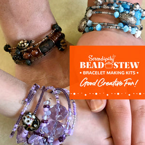 Suzie Q Studio's Serendipity BEAD STEW DIY EASY BRACELET MAKING KITS are limited edition collections of artfully curated premium quality beads and components for you to make a one-of-a-kind bracelet(s). No experience needed! Seeing the color combo in the Blueberry Snow Cone kit, can’t help but remind you of that icy-cool, summery treat… A blueberry snow cone!