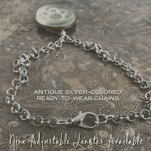 Need a chain for your MY MOTHERS BUTTONS “Horse Bridle Rosette Pendant”? Suzie Q Studio's ready-to-wear, antique silver-colored, “rolo-style” chain will complement it perfectly, or any other chunkier pendant in your collection.