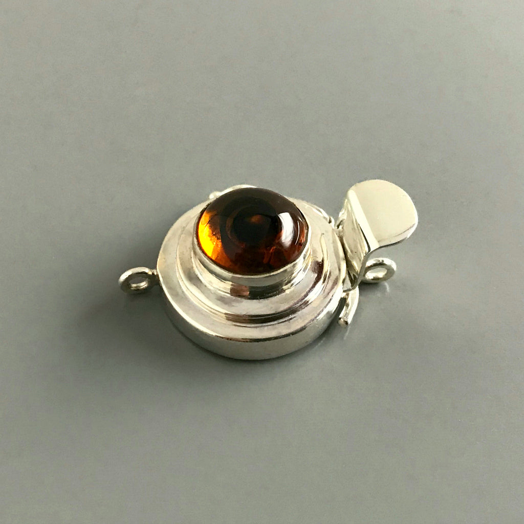 ROUND, AMBER-STYLE, VINTAGE GLASS CABOCHON, STERLING SILVER BOX CLASP