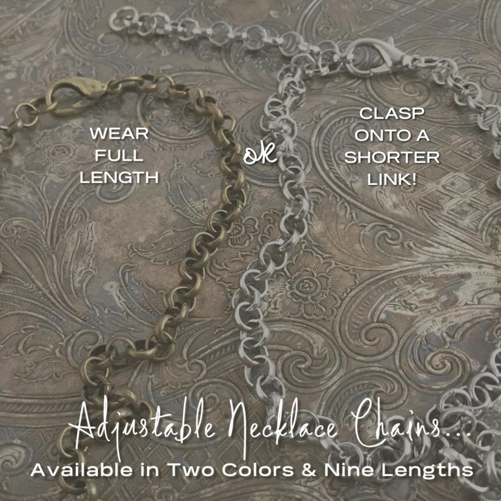 ​Need a chain for your MY MOTHERS BUTTONS “Horse Bridle Rosette Pendant”? Suzie Q Studio's ready-to-wear, antique silver-colored, “rolo-style” chain will complement it perfectly, or any other chunkier pendant in your collection.