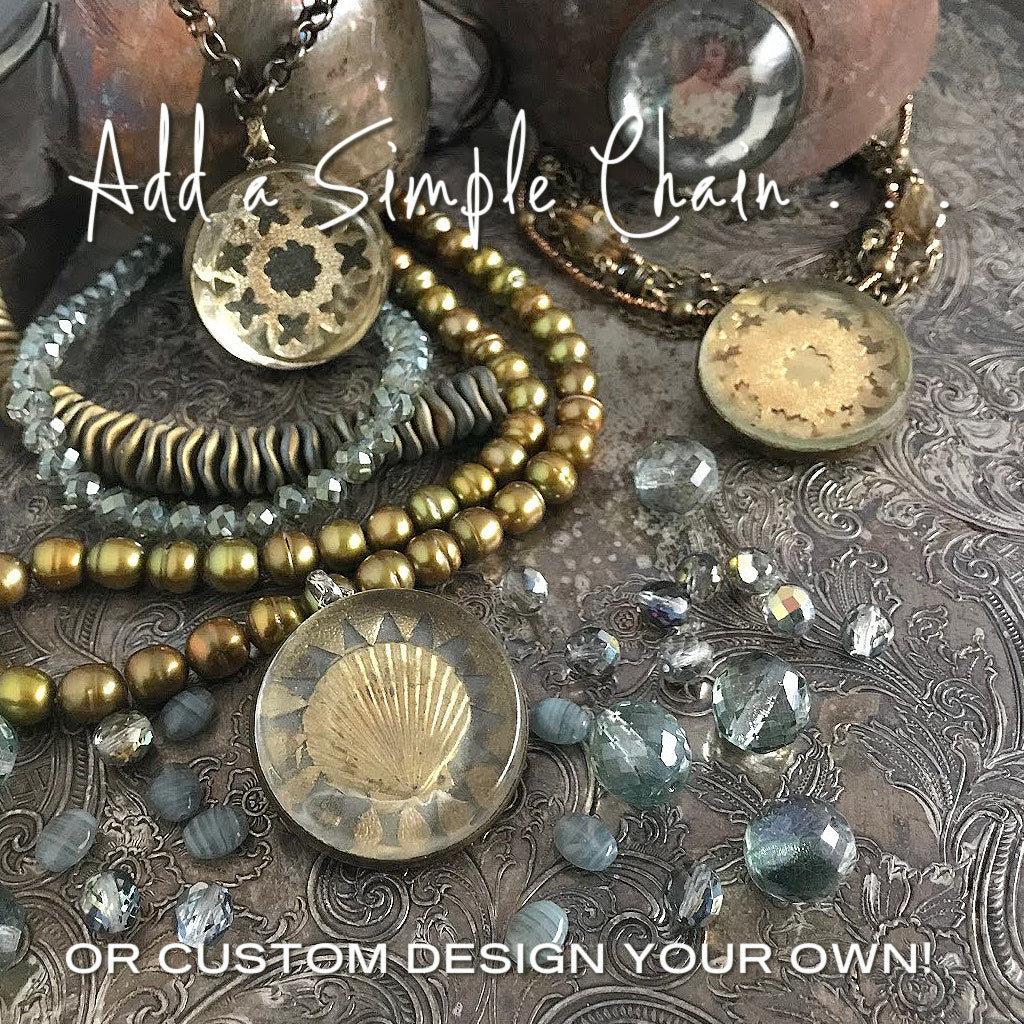 One-of-a-kind MY MOTHERS BUTTONS jewelry is handcrafted using the finest antique treasures. Bridle rosettes were a decoration for horse bridles. Purchase one of our Suzie Q Studio chains to make this pendant a necklace.