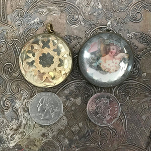 One-of-a-kind MY MOTHERS BUTTONS jewelry is handcrafted using the finest antique treasures. Glass-domed, Horse Bridle Rosettes were a decoration for horse bridles. This graphic shows you the size compared to a quarter coin.