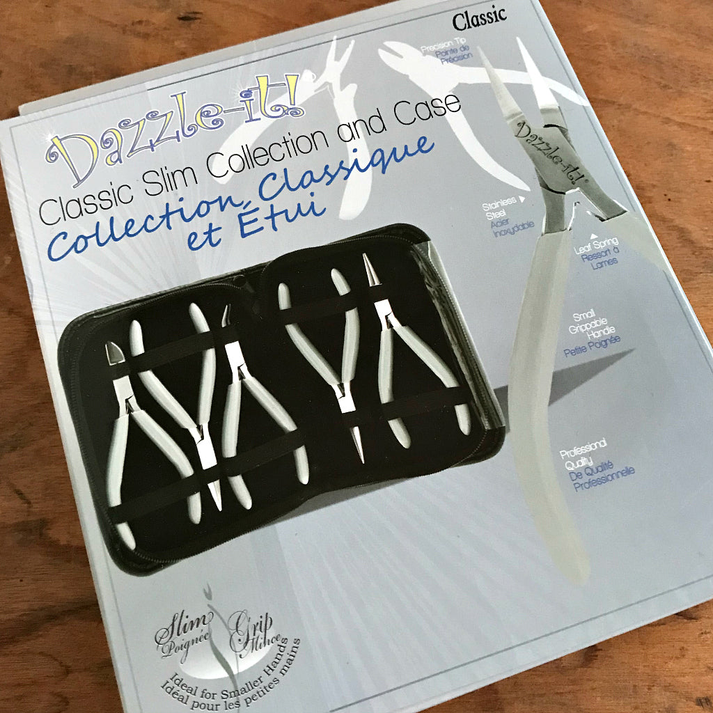 Suzie Q Studio's set of Classic Slim Style intro-level jewelry making tools includes a padded, zippered case and the following pliers: Round Nose, Flat Nose, Chain Nose and Bent Chain Nose, plus a Side Cutter. With these essential tools you’ll be able to create oodles of jewelry pieces such as necklaces, bracelets, earrings and charms!