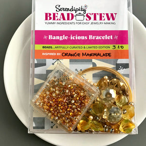 Suzie Q Studio's Serendipity BEAD STEW DIY EASY BRACELET MAKING KITS are limited edition collections of artfully curated premium quality beads and components for you to make a one-of-a-kind bracelet(s). No experience needed! This sparkly ORANGE MARMALADE bracelet kit contains yellowy-orange, topaz, light topaz, pale chartreuse, matte and shiny gold, metallic bronze, and crystal golden shadow beads.