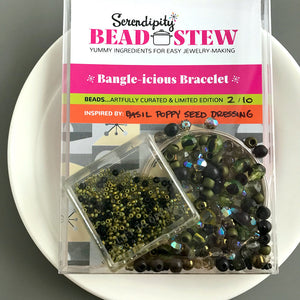 Suzie Q Studio's Serendipity BEAD STEW DIY EASY BRACELET MAKING KITS are limited edition collections of artfully curated premium quality beads and components for you to make one-of-a-kind bracelet(s). No experience needed!  With the subtle hint of warm-hued “basil” greens, along with the classic black of "poppy seeds", the BASIL POPPY SEED DRESSING bracelet kit is perfect for someone who enjoys a more understated, delicate look.