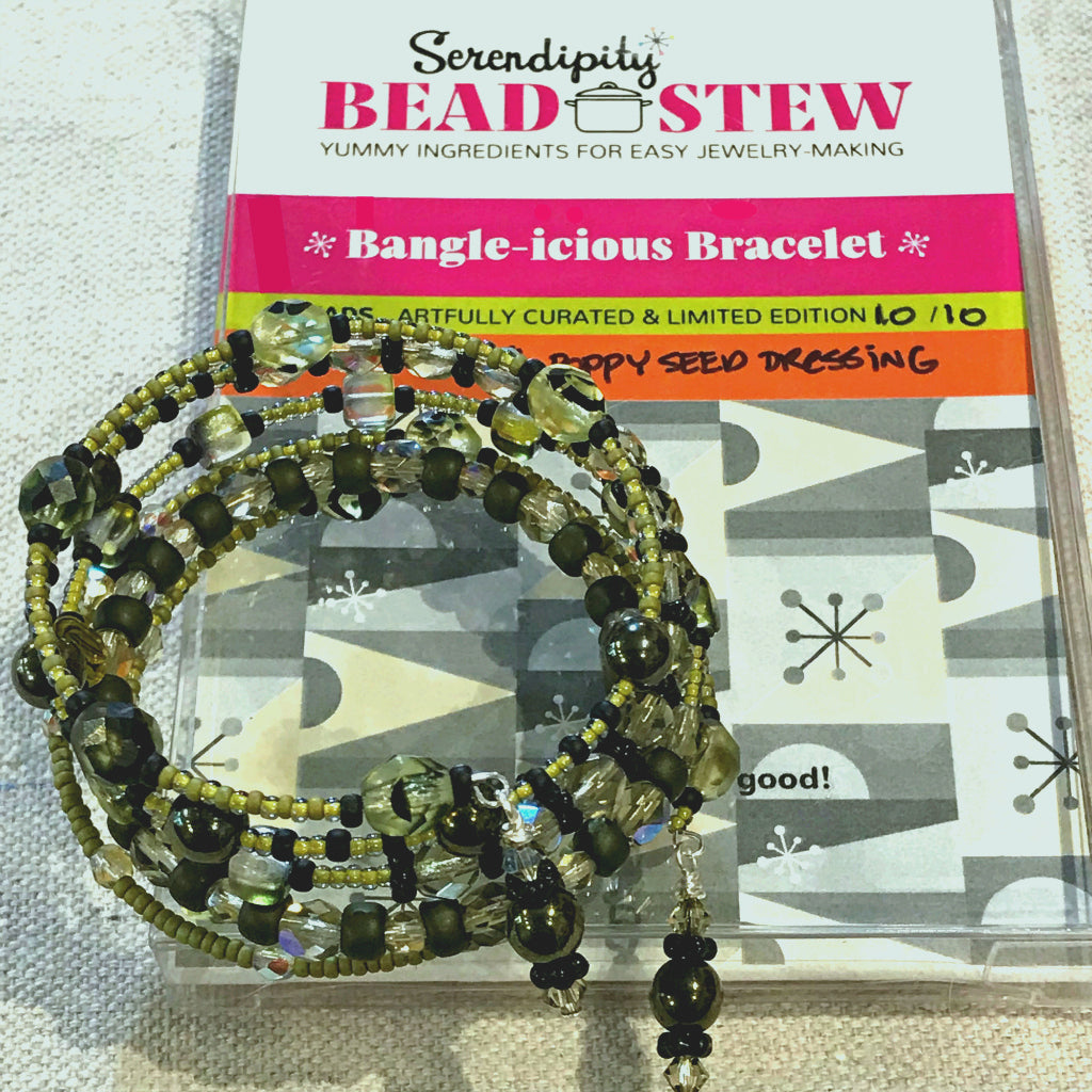 Suzie Q Studio's Serendipity BEAD STEW DIY EASY BRACELET MAKING KITS are limited edition collections of artfully curated premium quality beads and components for you to make one-of-a-kind bracelet(s). No experience needed!  With the subtle hint of warm-hued “basil” greens, along with the classic black of "poppy seeds", the BASIL POPPY SEED DRESSING bracelet kit is perfect for someone who enjoys a more understated, delicate look.