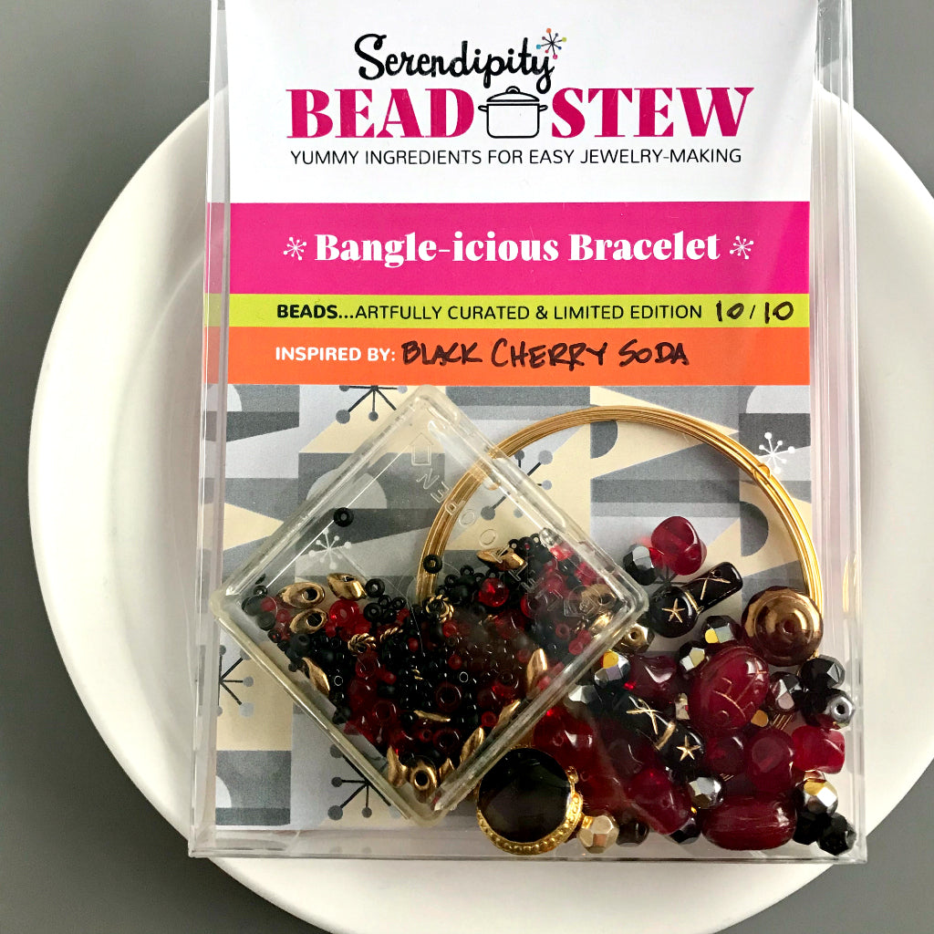 Suzie Q Studio's Serendipity BEAD STEW DIY EASY BRACELET MAKING KITS are limited edition collections of artfully curated premium quality beads and components for you to make a one-of-a-kind bracelet(s). No experience needed!  The rich, delicious flavour of classic “Black Cherry Soda” is the perfect way to describe the color palette in this dramatic BEAD STEW bracelet making kit. 