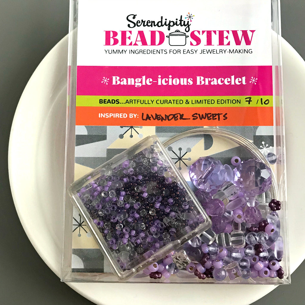 Suzie Q Studio's Serendipity BEAD STEW DIY EASY BRACELET MAKING KITS are limited edition collections of artfully curated premium quality beads and components for you to make a one-of-a-kind bracelet(s). No experience needed!  "Lavender Sweets" Kit contains various shades and tones of lavender and violet.