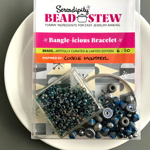 Suzie Q Studio's Serendipity BEAD STEW DIY EASY BRACELET MAKING KITS are limited edition collections of artfully curated premium quality beads and components for you to make a one-of-a-kind bracelet(s). No experience needed! "Cookie Monster" kit contains various shades of blues, including “Cookie Monster” blue, grey, metallic blue-grey, metallic silver.