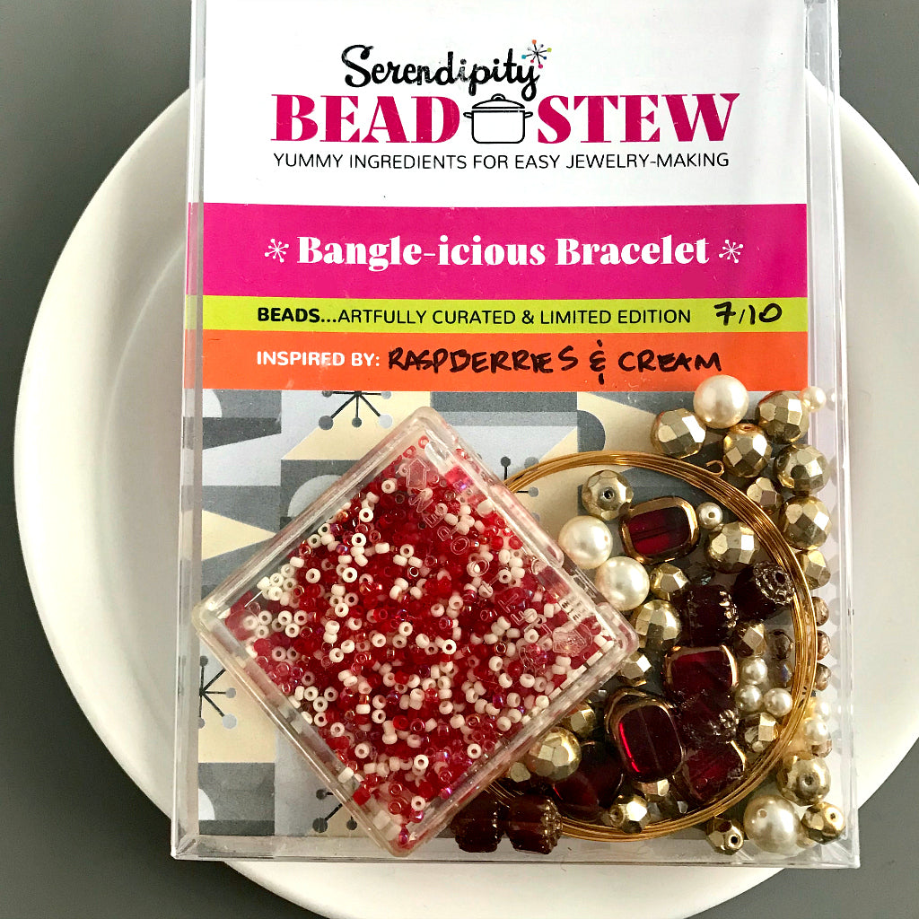 Suzie Q Studio's Serendipity BEAD STEW DIY EASY BRACELET MAKING KITS are limited edition collections of artfully curated premium quality beads and components for you to make a one-of-a-kind bracelet(s). No experience needed!  The Raspberries & Cream kit can make a bracelet that can be a down-to-earth style when paired with jeans and a t-shirt, or an ultra-elegant when worn to a formal occasion.