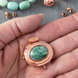 The harlequin metallic-effect of this vintage glass cabochon is magical, and this blue-green version is exquisite!  This copper box clasp was individually handcrafted in 100% pure copper, exclusively for Suzie Q Studio.