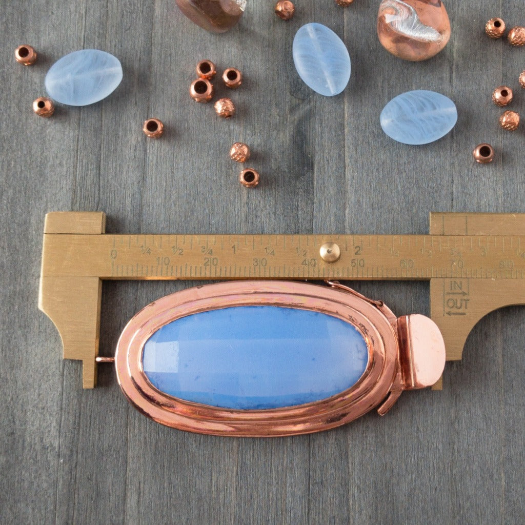Copper and periwinkle blue is an absolutely stunning colour combo! This dramatic, elongated oval-shaped, box clasp was individually handcrafted in 100% pure copper, exclusively for Suzie Q Studio.