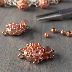 This circle and dot pattern gives this two-stranded clasp a whimsical, happy look, suitable for all kinds of jewellery designs. This copper box clasp was individually handcrafted in 100% pure copper, exclusively for Suzie Q Studio.