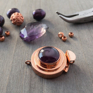 The amethyst-coloured, vintage glass cabochon in this unique box clasp has a delightful swirl of pale purple, and it was individually handcrafted in 100% pure copper, exclusively for Suzie Q Studio.