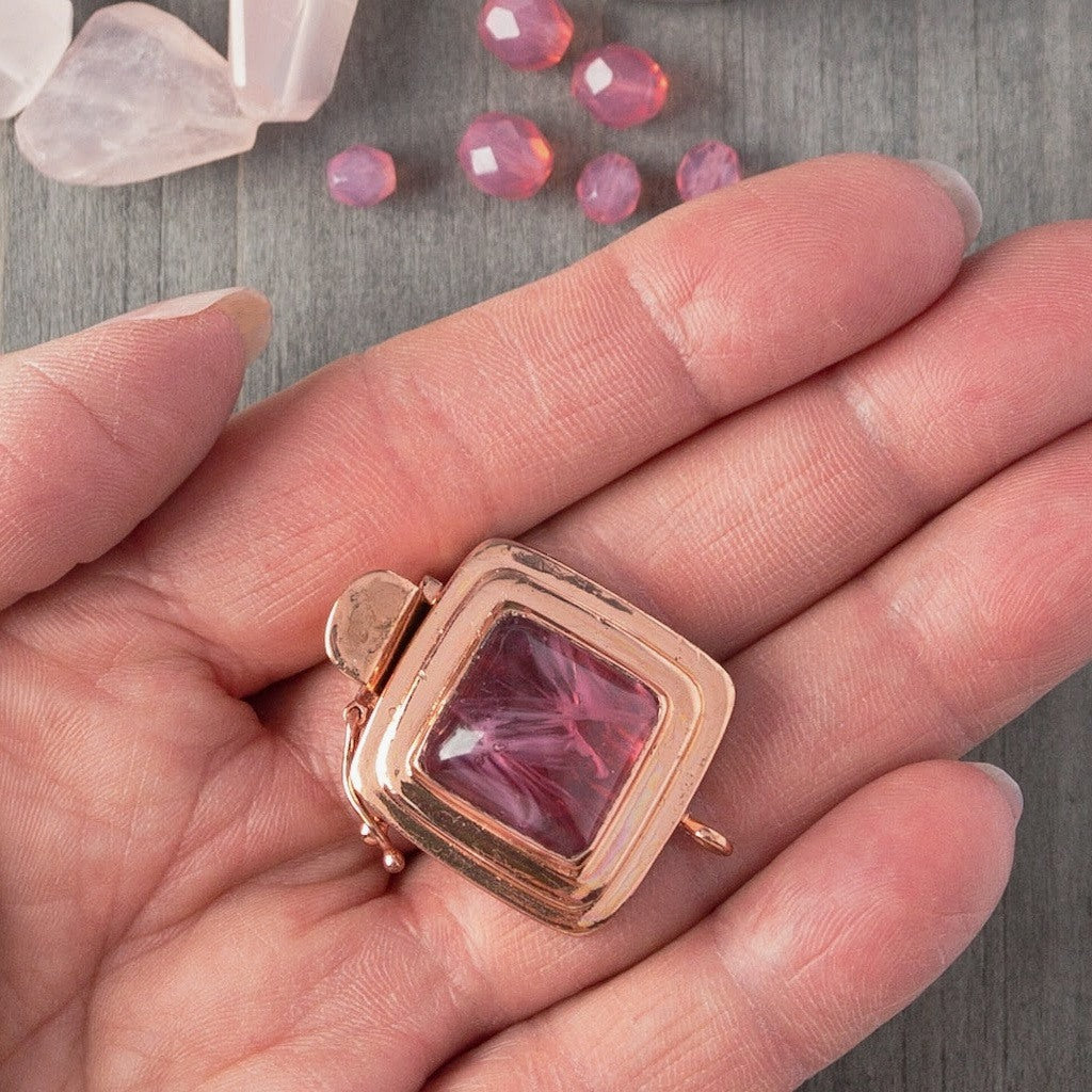 Featuring a vintage glass cabochon, the colour of a glass of delicious raspberry-lemonade, this custom box clasp was individually handcrafted in 100% pure copper, exclusively for Suzie Q Studio.