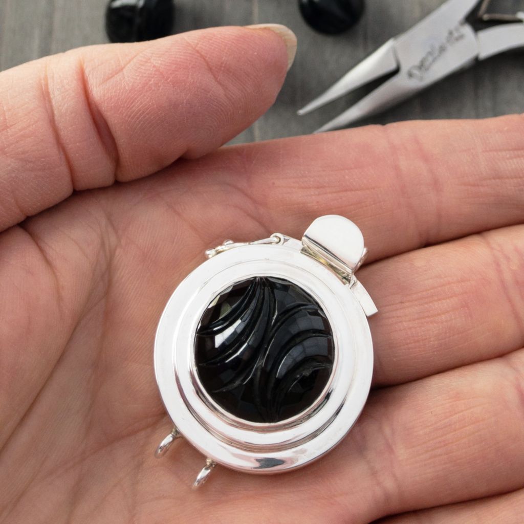 ​This double strand, sterling silver box clasp features an exquisite, jet black, “carved” vintage glass cabochon, which gives this fab closure a look that can be casual, classic or totally upscale... The choice is yours!